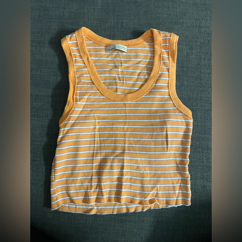 Pull&Bear Women's Orange and White Striped Tank Top
